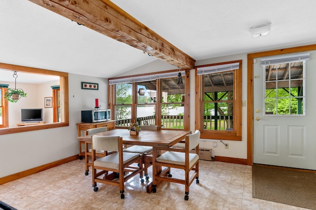 302 Spring St, Brownfield, ME 04010 - dining space with lofted ceiling, light flooring, and a textured ceiling