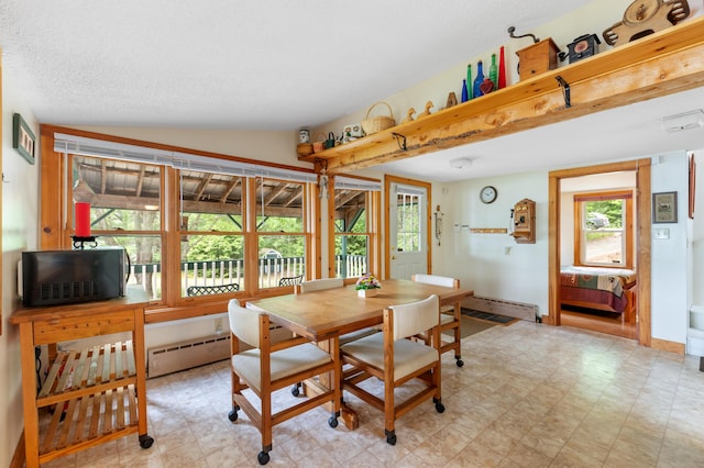302 Spring St, Brownfield, ME 04010 - dining area featuring a baseboard radiator, plenty of natural light, vaulted ceiling, and light flooring