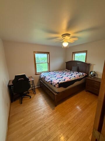 396 E Ridge Rd, Mars Hill, ME 04758 - bedroom with multiple windows, light wood finished floors, and a ceiling fan