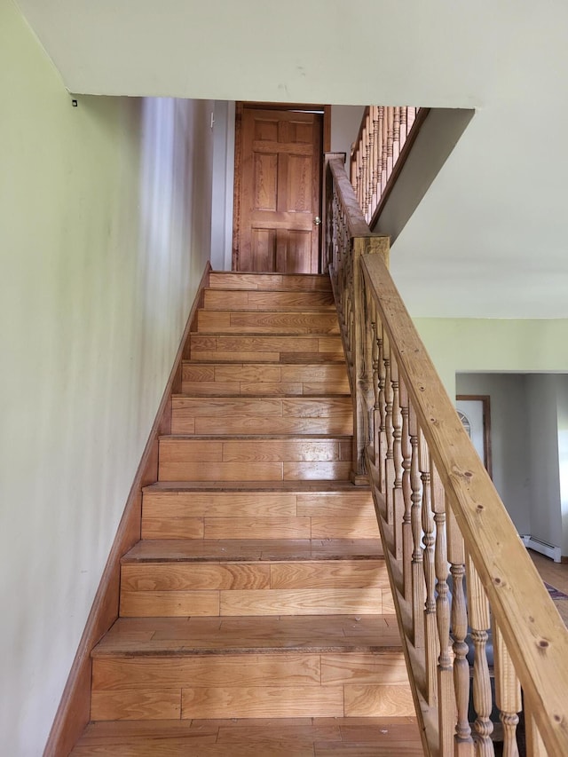 396 E Ridge Rd, Mars Hill, ME 04758 - staircase featuring wood-type flooring and baseboard heating