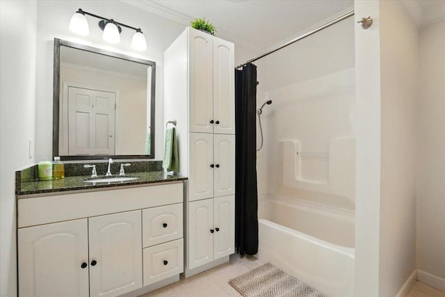 4 Hawthorne Pl, Lewiston, ME 04240 - bathroom featuring ornamental molding, vanity, shower / bath combo with shower curtain, and tile patterned floors