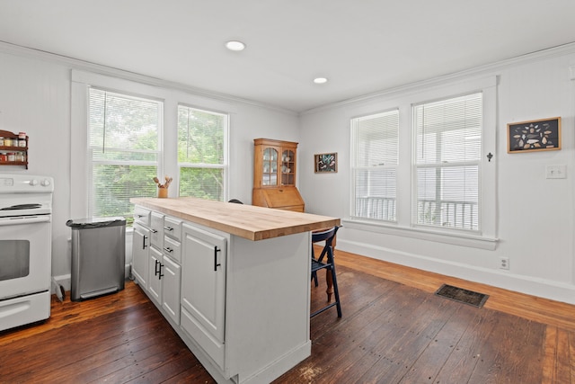 200 Main St, Freeport, ME 04032 - kitchen featuring wooden counters, white range with electric stovetop, ornamental molding, dark wood-style flooring, and a breakfast bar area