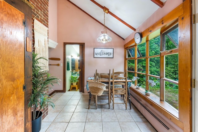 385 Sabbathday Rd, New Gloucester, ME 04260 - dining space featuring beam ceiling, light tile patterned flooring, high vaulted ceiling, baseboard heating, and a chandelier