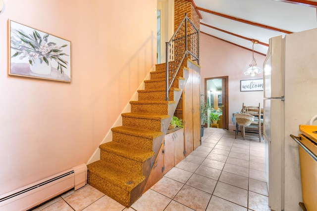 385 Sabbathday Rd, New Gloucester, ME 04260 - staircase with a baseboard radiator, tile patterned flooring, beam ceiling, and high vaulted ceiling