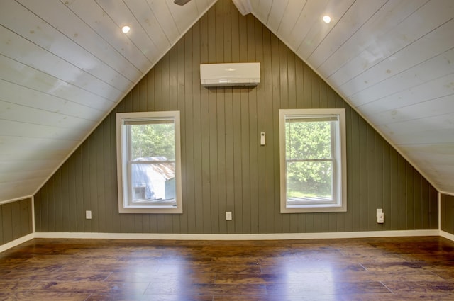 6 Meadow Ln, Sabattus, ME 04280 - additional living space featuring lofted ceiling, wood-type flooring, a wall mounted AC, and wood walls