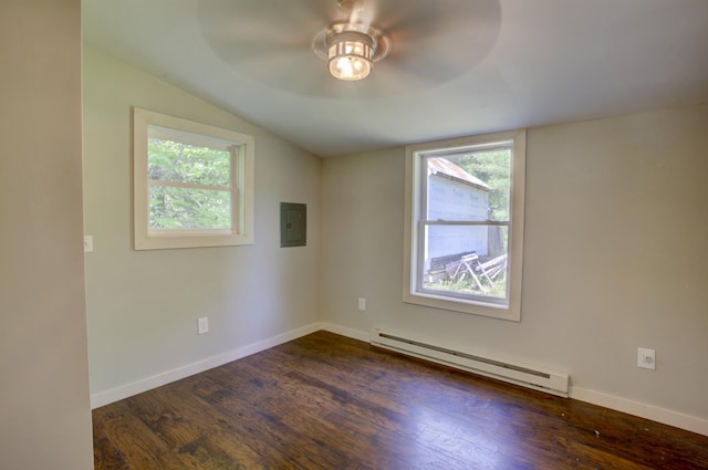 6 Meadow Ln, Sabattus, ME 04280 - unfurnished room featuring a baseboard radiator, vaulted ceiling, electric panel, dark wood-style flooring, and ceiling fan