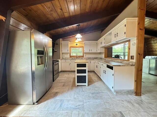 235 S Reynolds Rd, Winslow, ME 04901 - kitchen featuring stainless steel appliances, separate washer and dryer, light countertops, wooden ceiling, and white cabinets