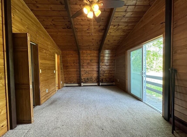 235 S Reynolds Rd, Winslow, ME 04901 - empty room featuring wood ceiling, lofted ceiling, carpet, wood walls, and a ceiling fan