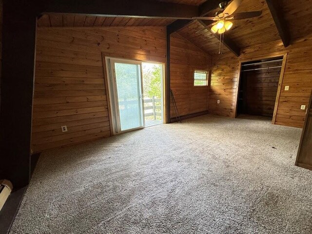 235 S Reynolds Rd, Winslow, ME 04901 - unfurnished bedroom featuring wooden walls, access to exterior, carpet floors, wooden ceiling, and a closet