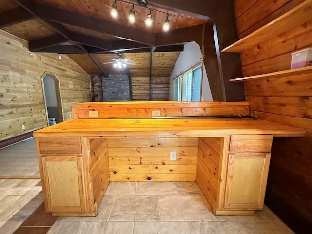 235 S Reynolds Rd, Winslow, ME 04901 - bar area with wooden ceiling, wood walls, vaulted ceiling, rail lighting, and a ceiling fan