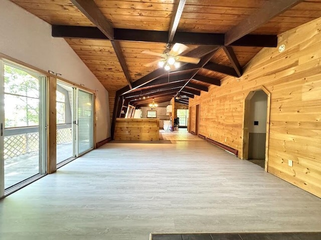 235 S Reynolds Rd, Winslow, ME 04901 - unfurnished living room featuring plenty of natural light, wooden ceiling, wooden walls, ceiling fan, and wood finished floors