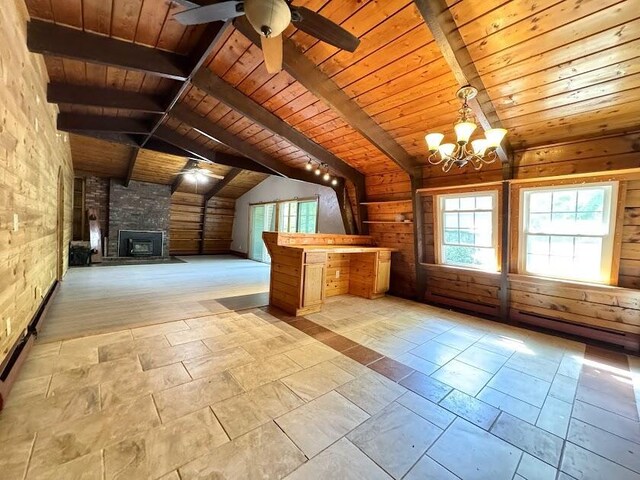 235 S Reynolds Rd, Winslow, ME 04901 - bonus room featuring wood ceiling, healthy amount of natural light, a chandelier, a fireplace, and ceiling fan