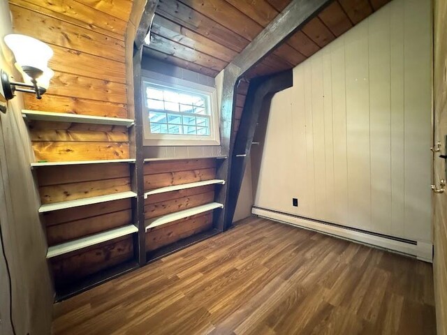 235 S Reynolds Rd, Winslow, ME 04901 - unfurnished room featuring baseboard heating, wood finished floors, wood walls, and wood ceiling