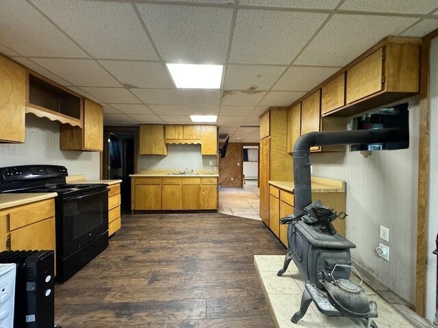 235 S Reynolds Rd, Winslow, ME 04901 - kitchen with electric range, dark wood-style flooring, light countertops, a drop ceiling, and open shelves