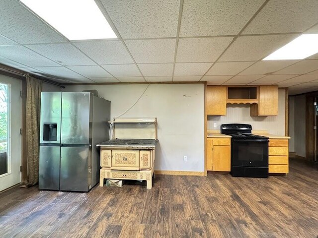 235 S Reynolds Rd, Winslow, ME 04901 - kitchen featuring black / electric stove, stainless steel fridge with ice dispenser, dark wood finished floors, a paneled ceiling, and light countertops