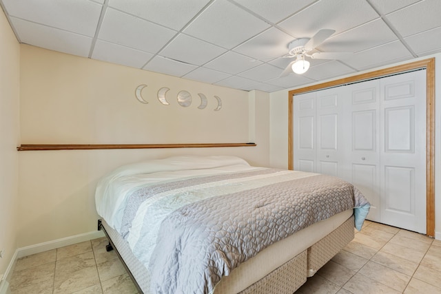 204 Youngs Ridge Rd, Acton, ME 04001 - bedroom with a paneled ceiling, a closet, ceiling fan, and light tile patterned flooring