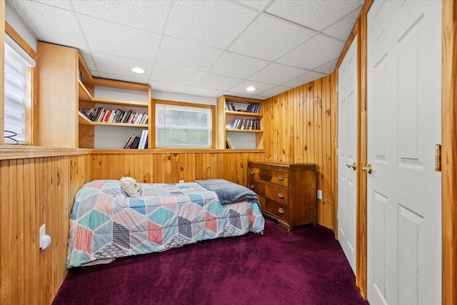 182 Myrtle St, Westbrook, ME 04092 - bedroom featuring carpet flooring, wood walls, and a paneled ceiling
