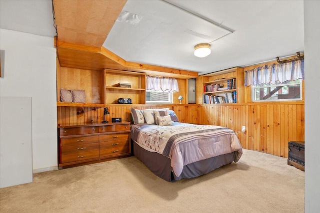 182 Myrtle St, Westbrook, ME 04092 - bedroom featuring light carpet and wooden walls