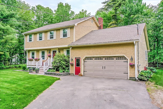 82 Eaton Ridge Dr, Holden, ME 04429 - view of front of home featuring an attached garage, driveway, a chimney, and a front lawn