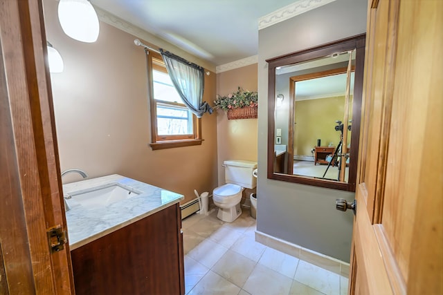 82 Eaton Ridge Dr, Holden, ME 04429 - half bathroom with a baseboard heating unit, vanity, and tile patterned flooring