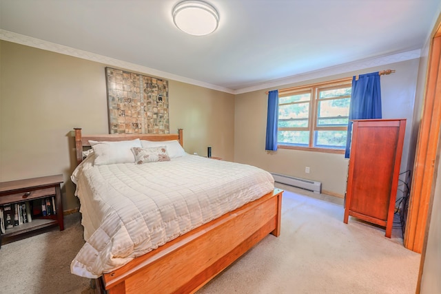 82 Eaton Ridge Dr, Holden, ME 04429 - bedroom featuring a baseboard heating unit, crown molding, and light colored carpet