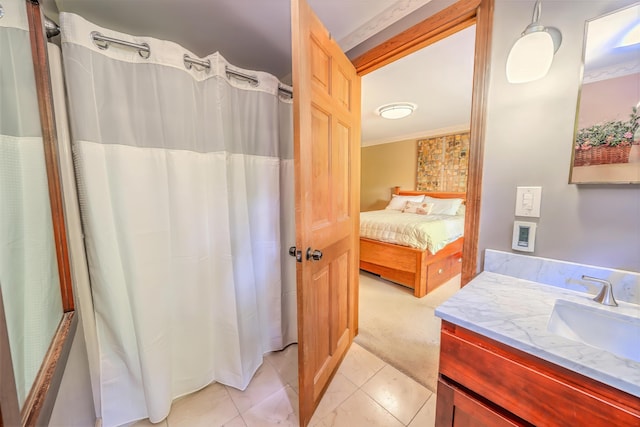 82 Eaton Ridge Dr, Holden, ME 04429 - bathroom with vanity, ensuite bath, ornamental molding, and curtained shower