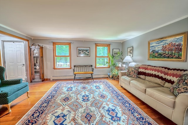 82 Eaton Ridge Dr, Holden, ME 04429 - living area with plenty of natural light, light wood-type flooring, crown molding, and a baseboard heating unit