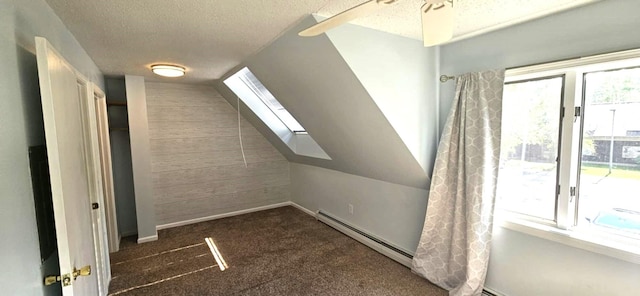 9 Hubbard Farms Rd Unit 15, Orono, ME 04473 - additional living space featuring a baseboard heating unit, a textured ceiling, a skylight, carpet flooring, and wood walls