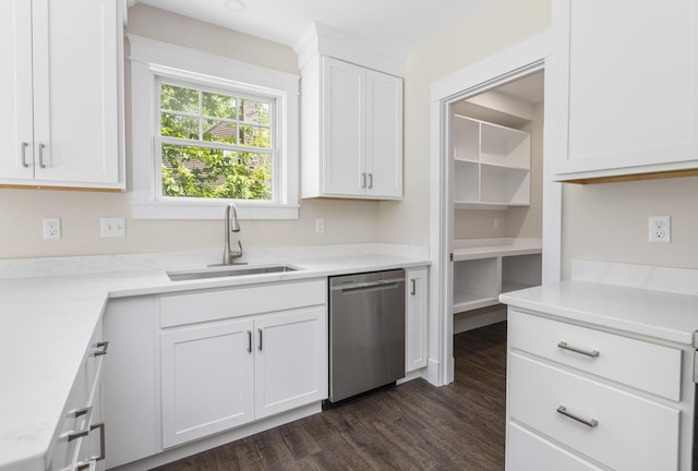 24 Varney Mill Rd Unit 3, Windham, ME 04062 - kitchen with stainless steel dishwasher, dark wood-style flooring, and white cabinetry