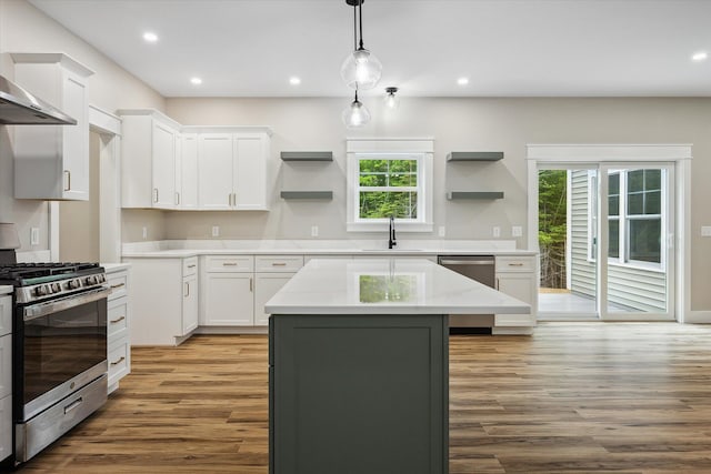 18 Crestwood Dr, Orrington, ME 04474 - kitchen featuring open shelves, stainless steel appliances, light wood-style flooring, white cabinets, and recessed lighting