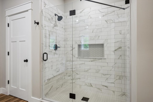 18 Crestwood Dr, Orrington, ME 04474 - bathroom featuring a shower stall and wood finished floors