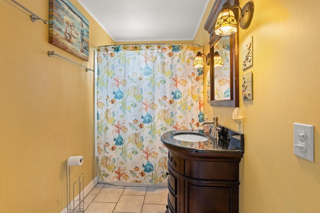 265 Nubble Rd, York, ME 03909 - full bath with ornamental molding, vanity, tile patterned floors, and a shower with curtain