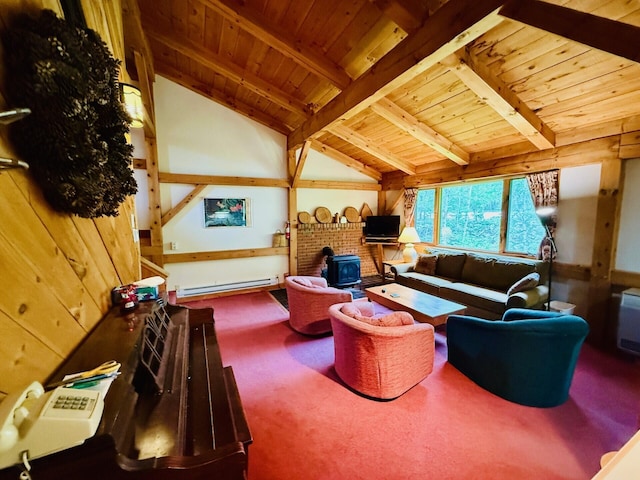 705 Webber St Unit 3, Carrabassett Valley, ME 04947 - carpeted living area featuring a baseboard radiator, wooden ceiling, and a wood stove