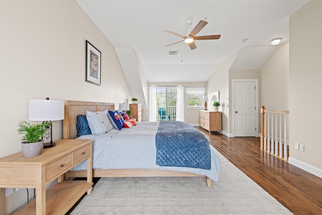 180 E Grand Ave Unit 3, Old Orchard Beach, ME 04064 - bedroom with wood finished floors, access to outside, a ceiling fan, and vaulted ceiling