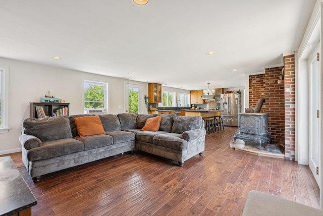 30 Graffam Rd, Baldwin, ME 04091 - living room featuring a wood stove, dark wood finished floors, and recessed lighting
