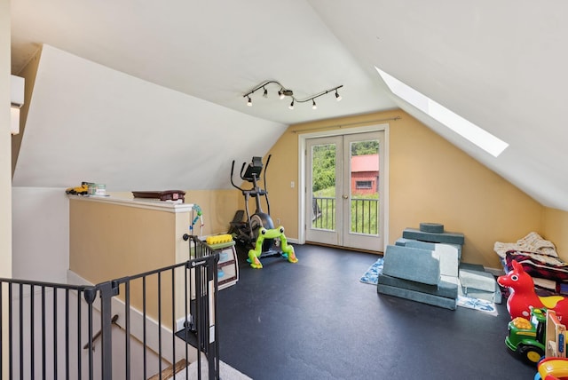 30 Graffam Rd, Baldwin, ME 04091 - workout room with a skylight, lofted ceiling, and rail lighting