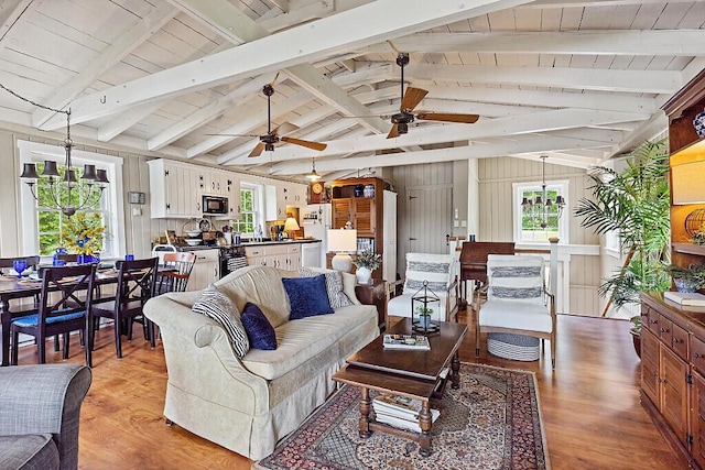 75 Spaulding Point Rd, Belgrade, ME 04917 - living room featuring light wood-type flooring, a ceiling fan, and wood ceiling