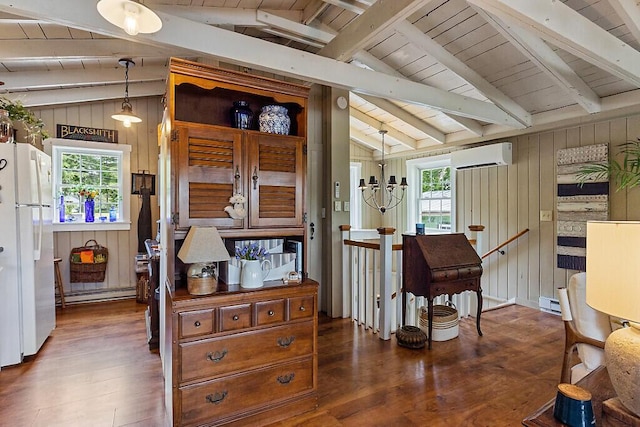 75 Spaulding Point Rd, Belgrade, ME 04917 - interior space with a wall unit AC, plenty of natural light, wood finished floors, wooden walls, and wood ceiling