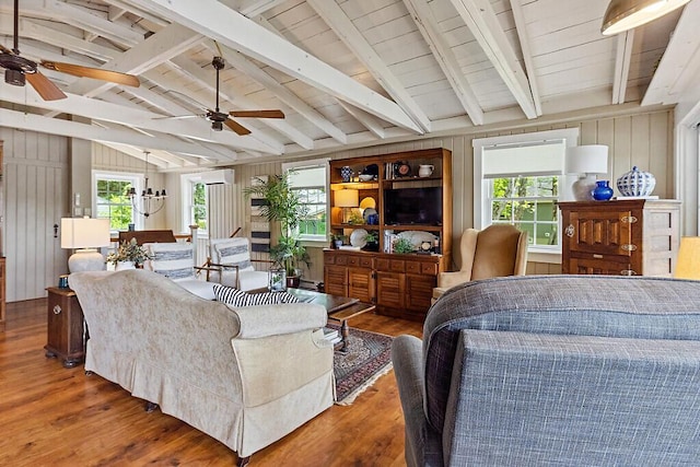 75 Spaulding Point Rd, Belgrade, ME 04917 - living area with ceiling fan, wood finished floors, and wooden ceiling
