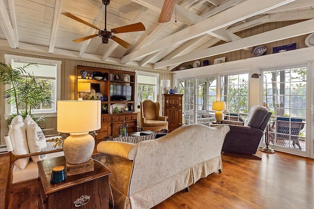 75 Spaulding Point Rd, Belgrade, ME 04917 - living room with wood finished floors, ceiling fan, and wood ceiling