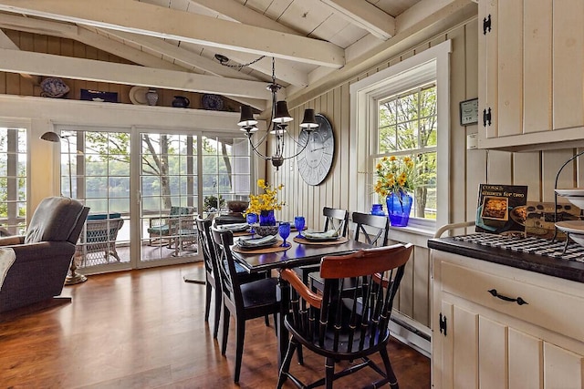 75 Spaulding Point Rd, Belgrade, ME 04917 - dining area with a chandelier, dark wood-style flooring, and a baseboard radiator