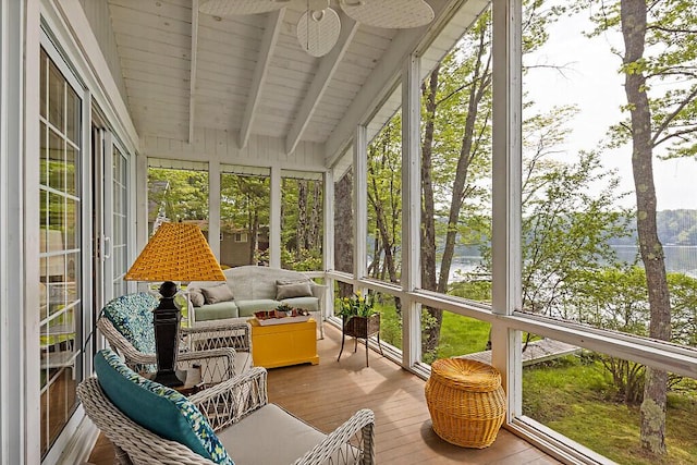 75 Spaulding Point Rd, Belgrade, ME 04917 - sunroom / solarium featuring a water view and a ceiling fan