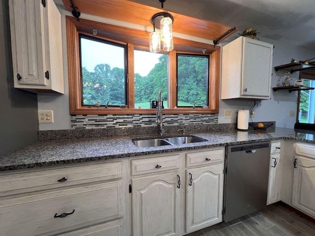 227 Back Rd, Skowhegan, ME 04976 - kitchen with dishwasher, dark stone countertops, white cabinetry, and dark wood-style floors