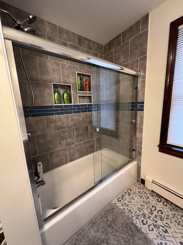 227 Back Rd, Skowhegan, ME 04976 - full bathroom featuring bath / shower combo with glass door and a baseboard heating unit