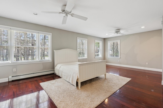 24 Cottagewood Ln, Kennebunk, ME 04043 - bedroom with a baseboard radiator, multiple windows, hardwood / wood-style flooring, recessed lighting, and a ceiling fan