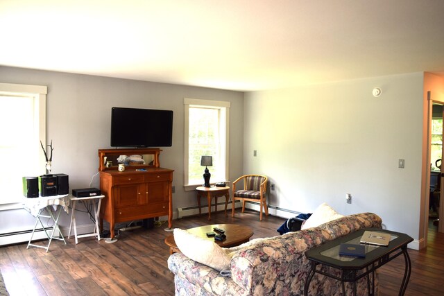 171 Hancock Pond Rd, Sebago, ME 04029 - living area with dark wood-style floors and a baseboard heating unit