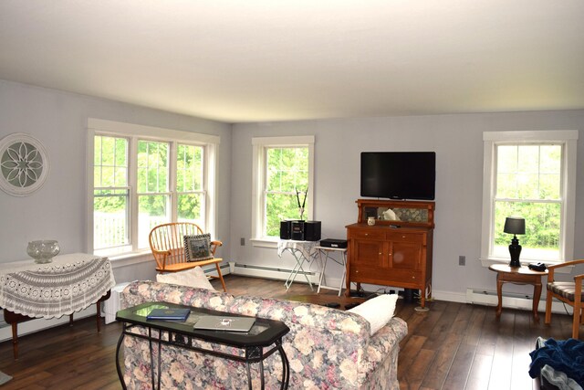 171 Hancock Pond Rd, Sebago, ME 04029 - living area featuring a baseboard heating unit and dark wood-style flooring