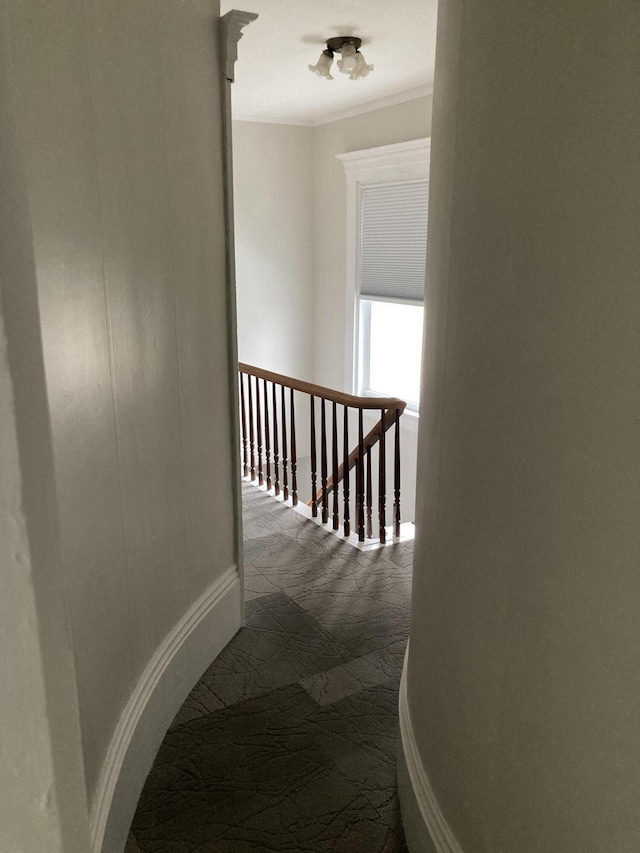 11 Gardner Ave, Machias, ME 04654 - corridor with an upstairs landing, dark colored carpet, and crown molding