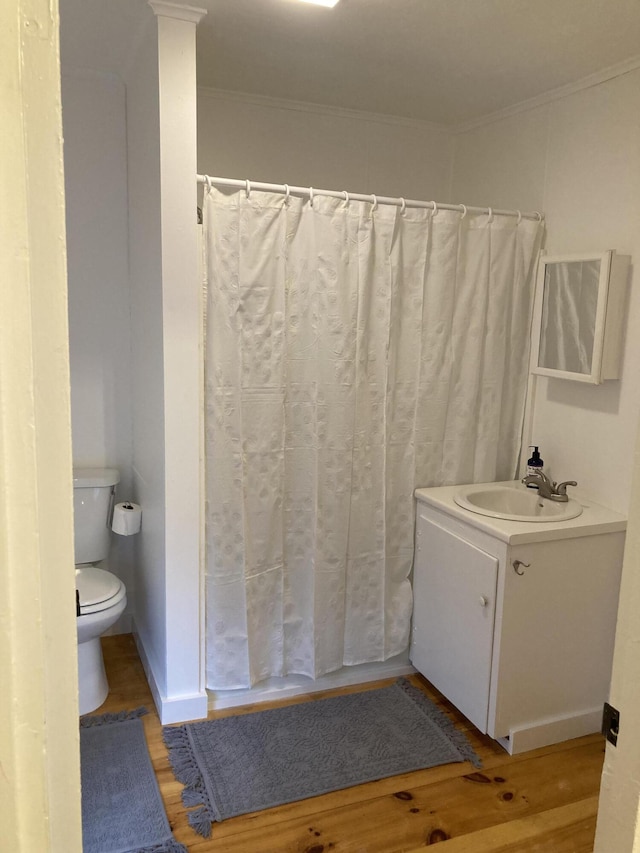 11 Gardner Ave, Machias, ME 04654 - bathroom with wood finished floors, vanity, ornamental molding, and a shower with shower curtain
