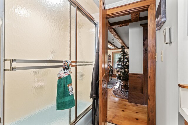 507 Ford Quint Rd, North Berwick, ME 03906 - bathroom featuring shower / bath combination with glass door and beamed ceiling